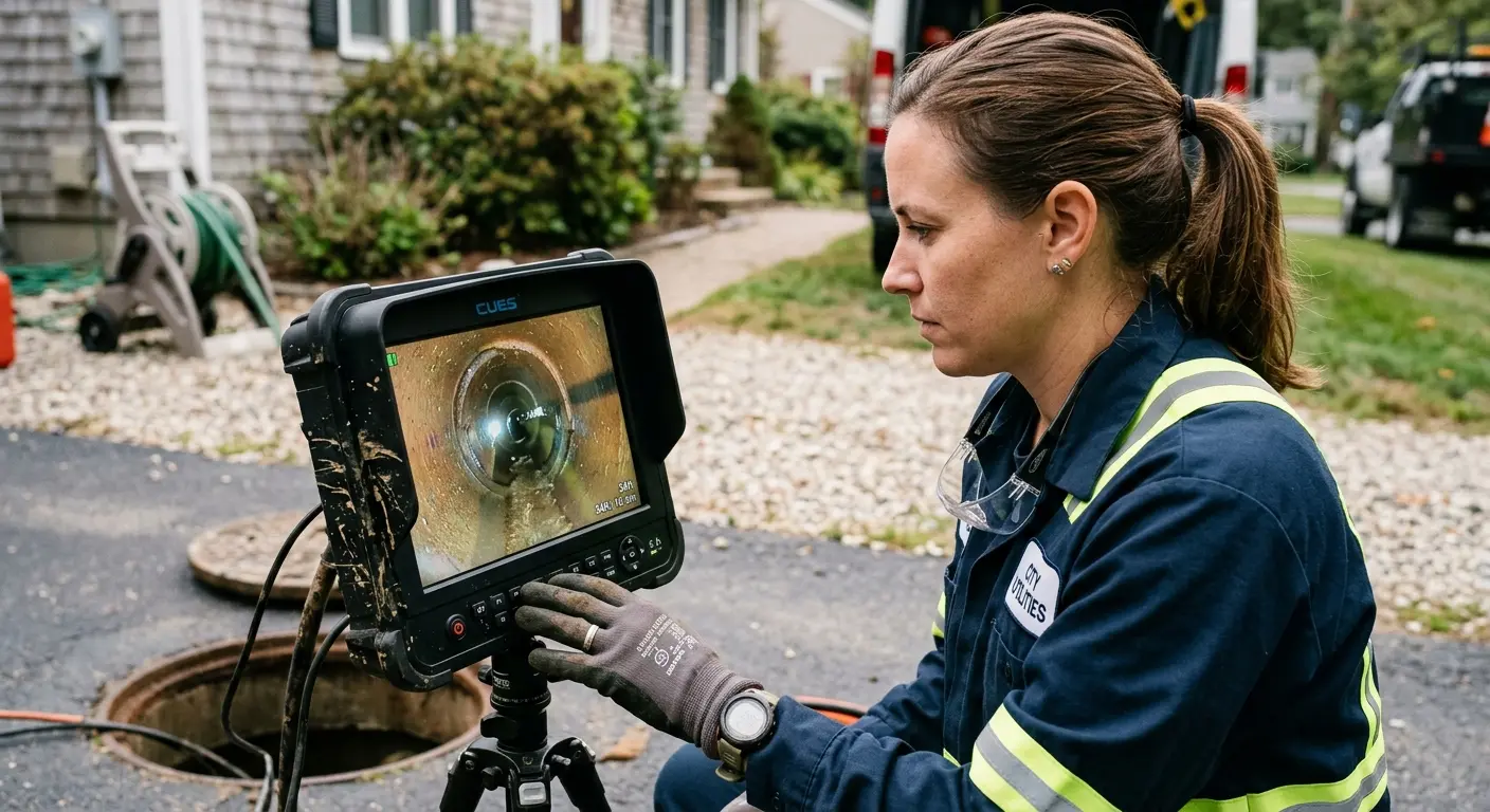 Technician reviewing sewer camera inspection footage in Woodway