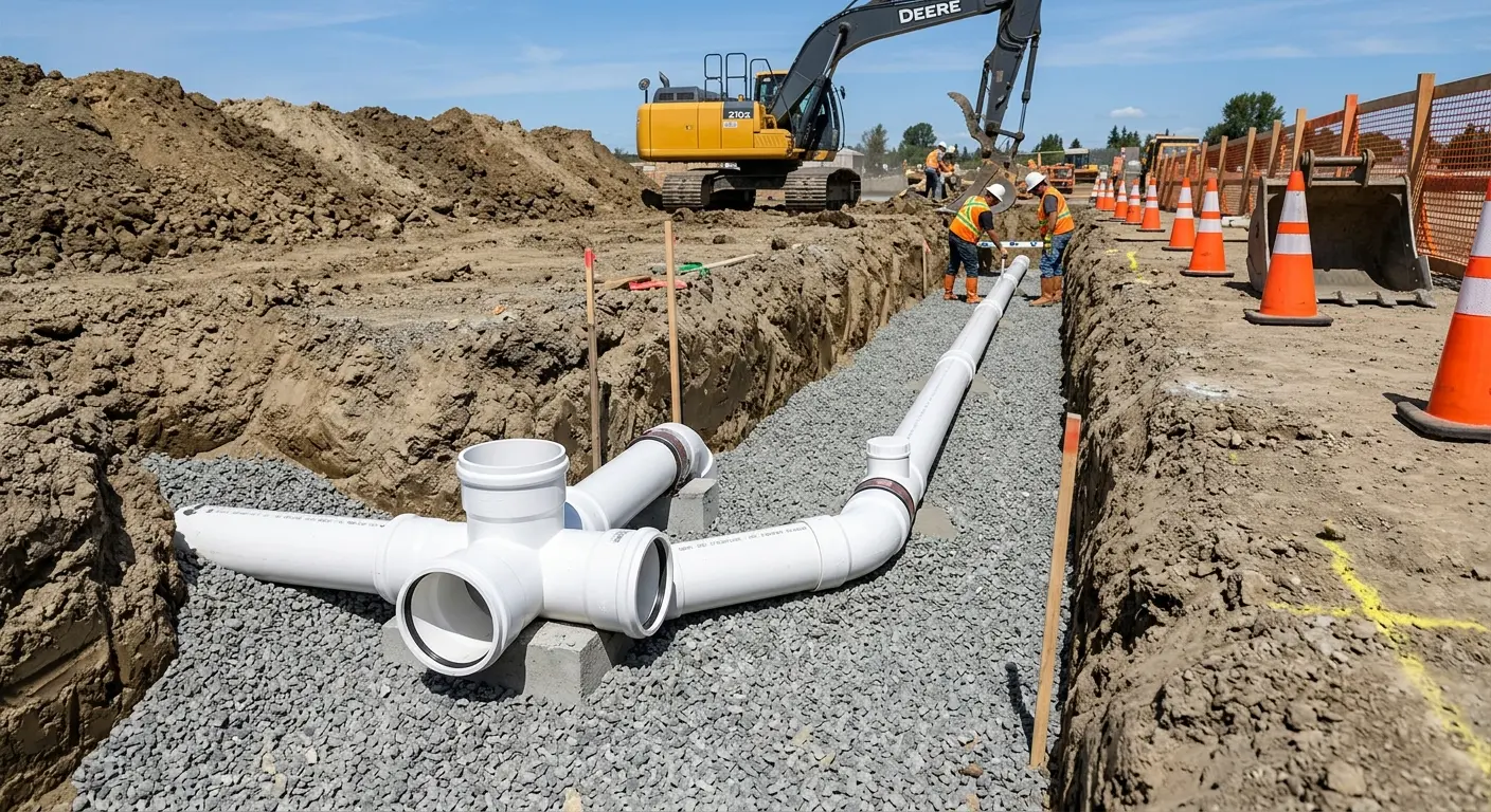 New PVC sewer pipe installation in open trench for Commercial Drain Cleaning in Woodway