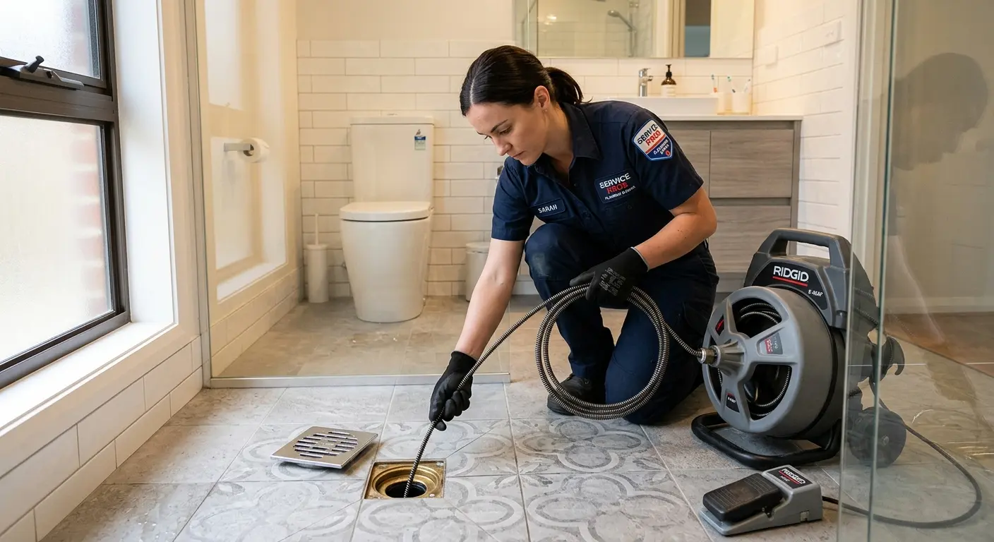 Technician clearing a bathroom floor drain for Clogged Drain Repair in Woodway